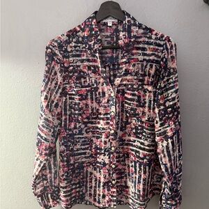 Express Printed Button-Down Shirt in Navy, Pink & White